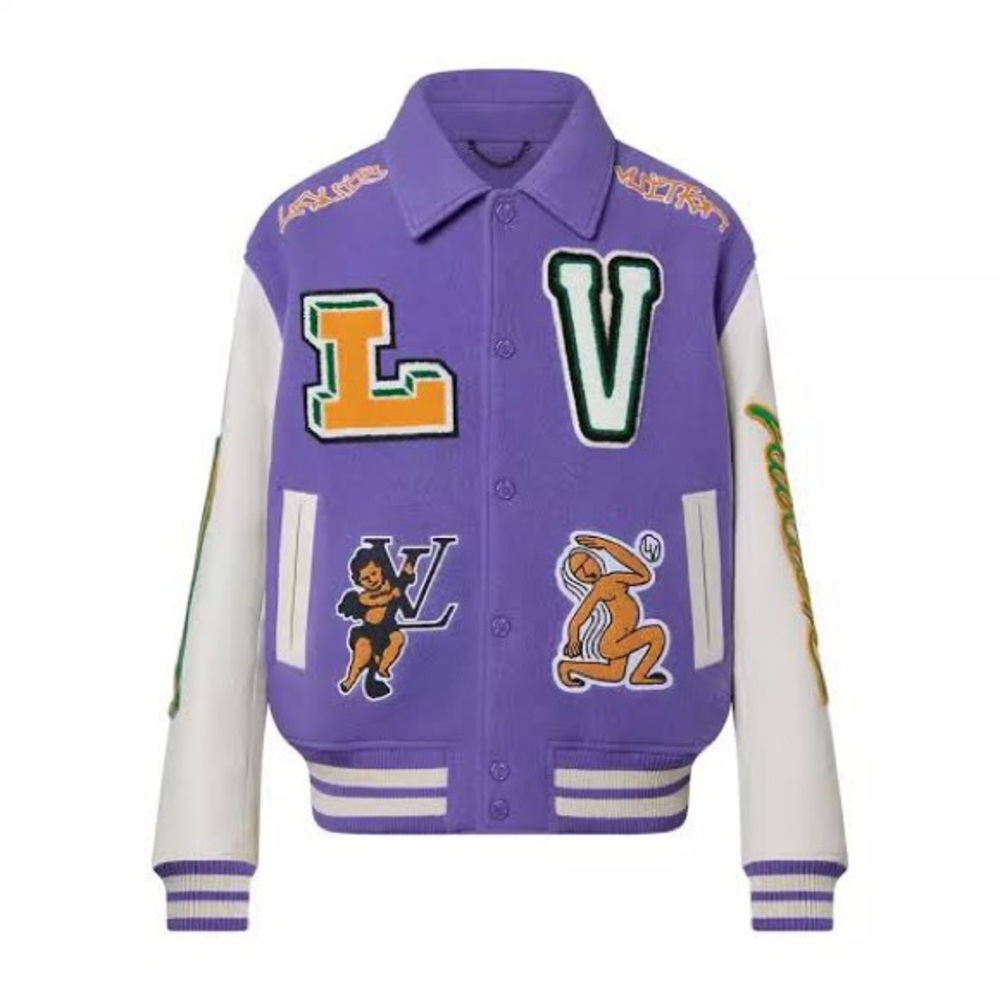 Multi Patch Lv Purple Leather Varsity Jacket - image 5